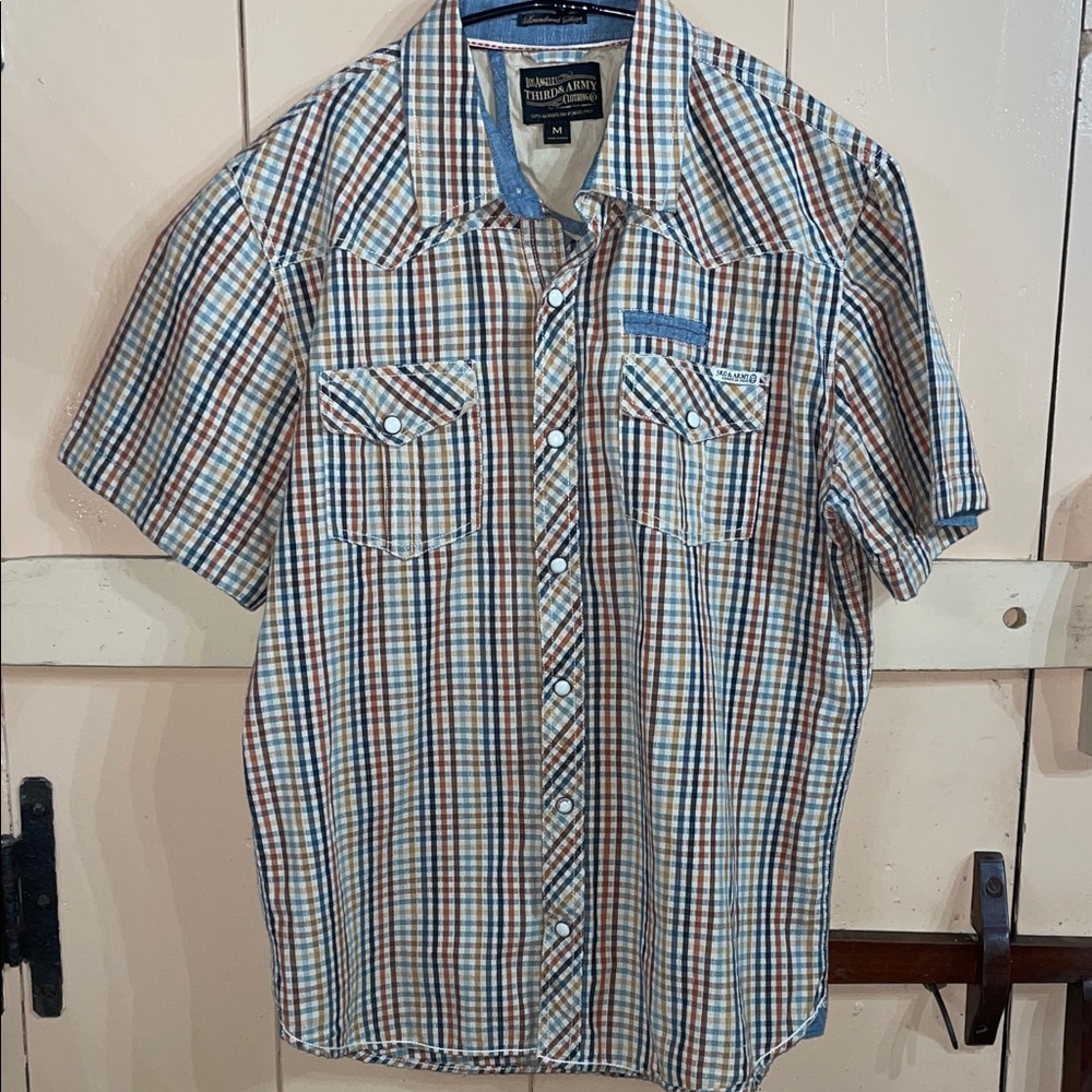 Los Angeles Third & Army Clothing Men's Plaid Button Down Shirt, pearl snaps, M